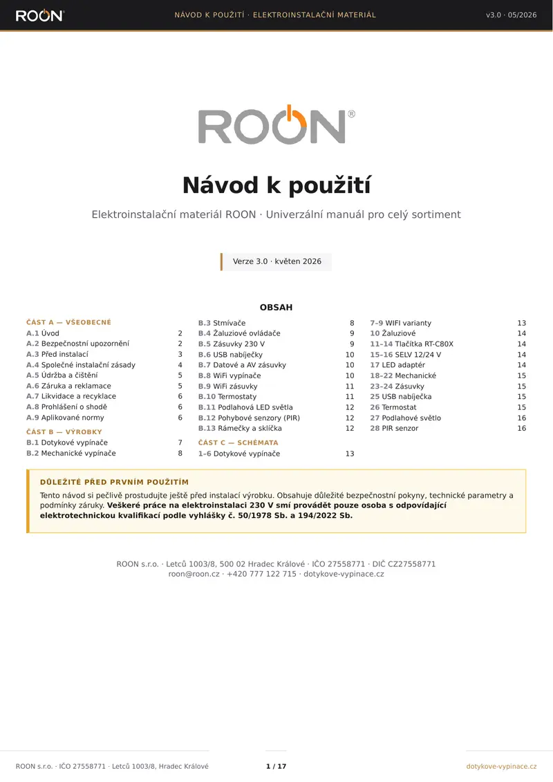 Náhled Návod k použití · Elektroinstalační materiál ROON